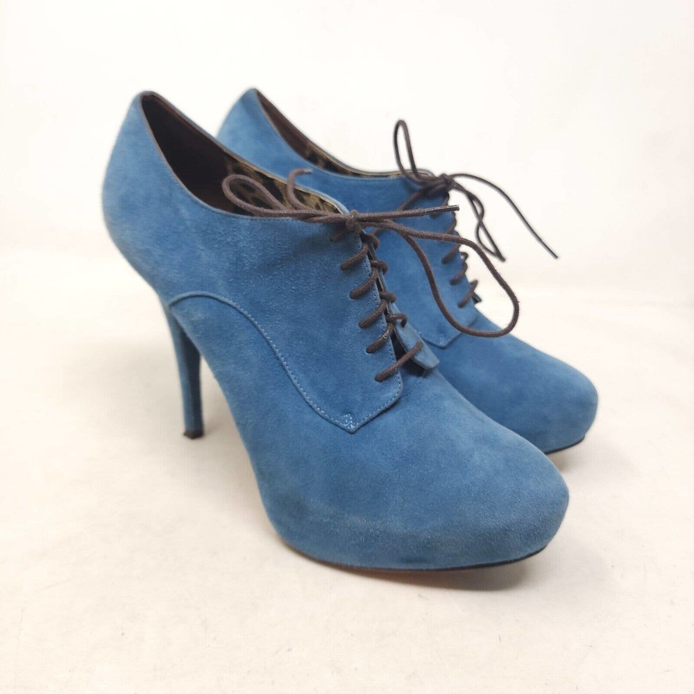 Dolce Gabbana Womens Booties Blue Suede Leather Oxford Lace Up Stiletto 39.5 9.5 - Picture 2 of 9